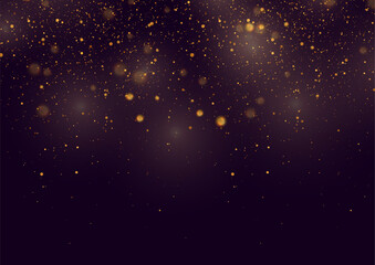 Golden shiny sparkling particles with bokeh lights abstract holiday background. Vector graphic design