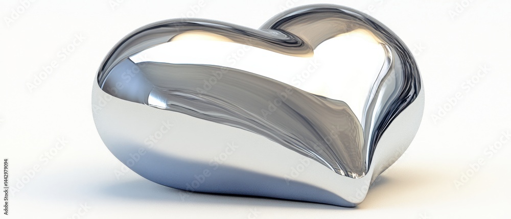 Poster metallic heart sculpture reflecting light on a white surface creating a modern and minimalist aesthe