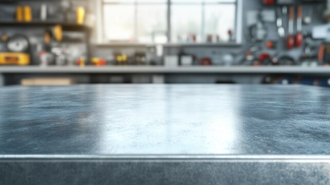 Clean metal workbench surface in a bright workshop with blurred tools and window light creating a sense of productivity and craftsmanship for industrial applications