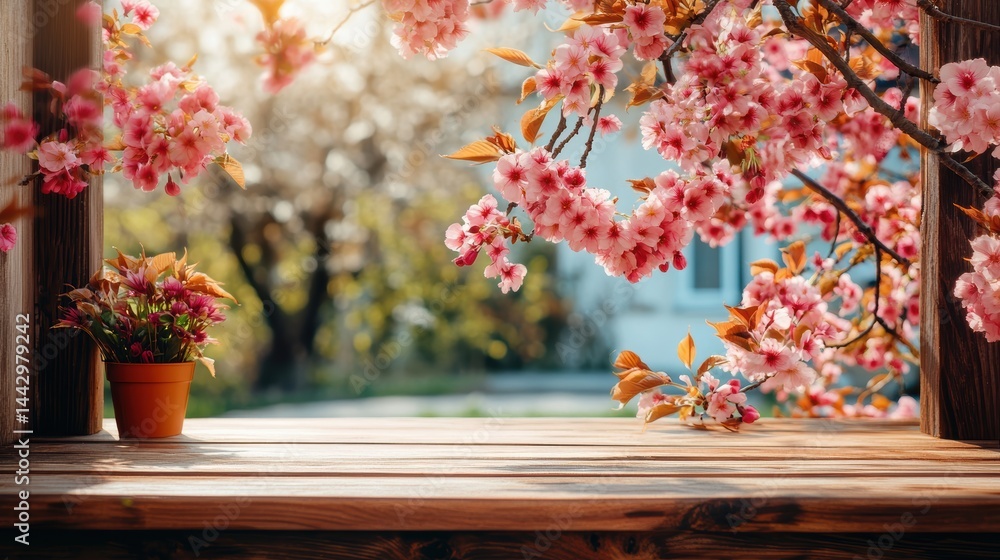 Aufkleber cherry blossom on wooden table for mockup display showcasing flower petals spring ambiance backgroun