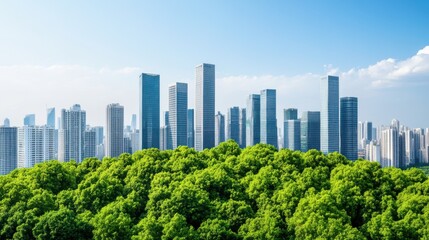 Fototapeta premium Urban skyline with modern architecture and lush green trees in foreground