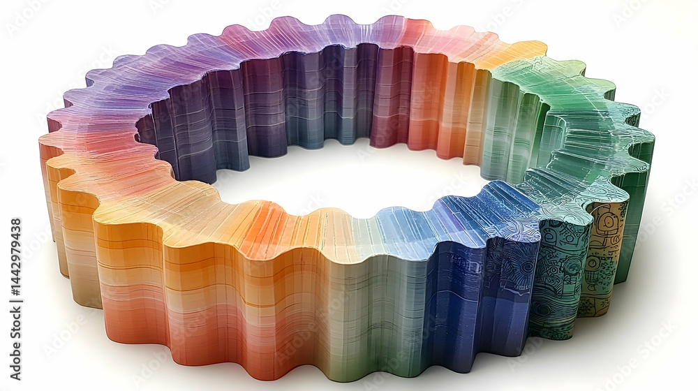 Poster a circular gear formed by many sheets of paper with a colorful gradient design and decorative patter