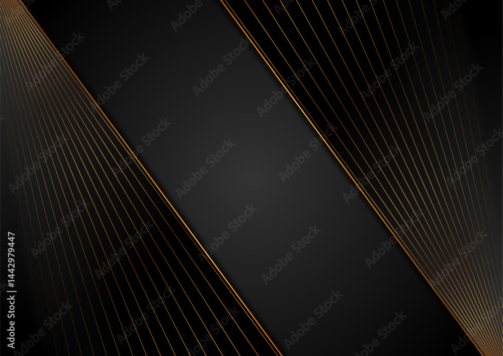 Poster corporate abstract background with black material and golden lines. vector luxury geometric design