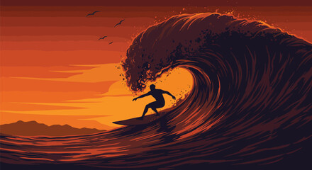 Surfer Silhouette Riding Massive Wave © Tharindu