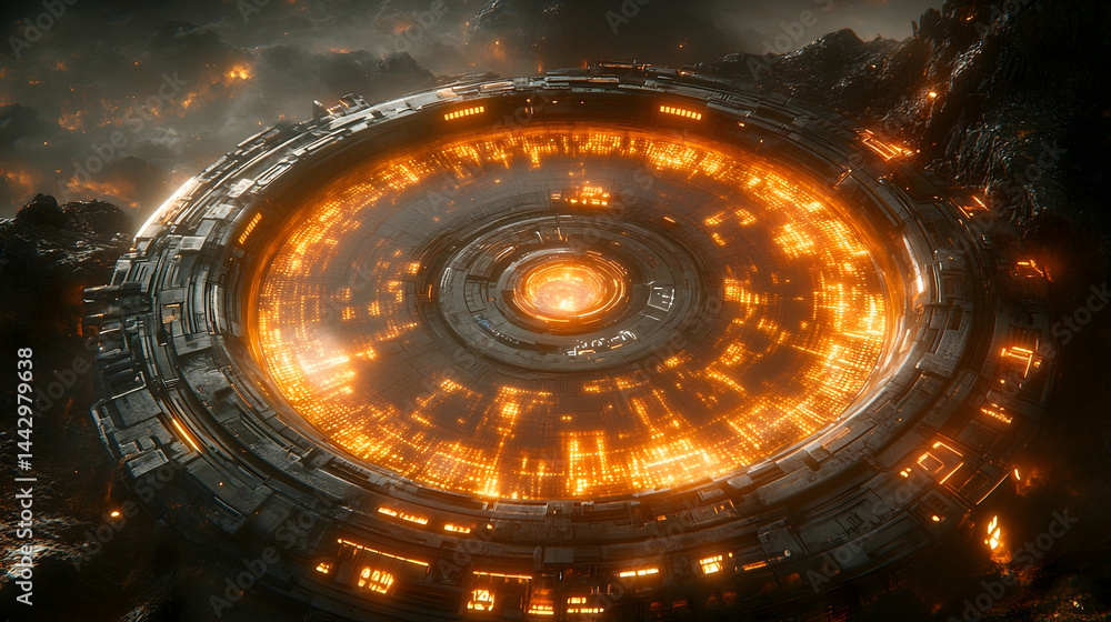 Poster a circular structure glows brightly emitting intricate patterns in shades of orange sitting atop a d