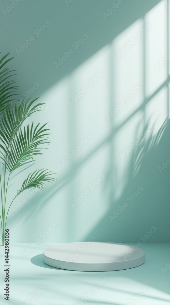 Poster minimalist tranquil mint backdrop with a podium stage for creative product display and tropical palm