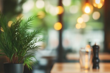 Refreshing indoor decoration with small green plant and glass table in stylish restaurant cafe setting
