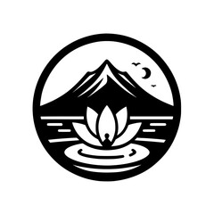 Serene Mountain & Lotus Meditation Icon: Minimalist Black & White Graphic Emblem