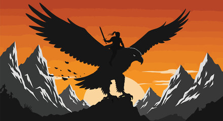 Warrior and Eagle Silhouette: Epic Mountain Adventure
