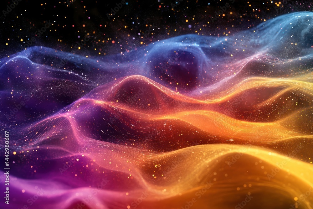 Poster ethereal galaxy backdrop with vibrant gradients and glowing particles on abstract wave formation