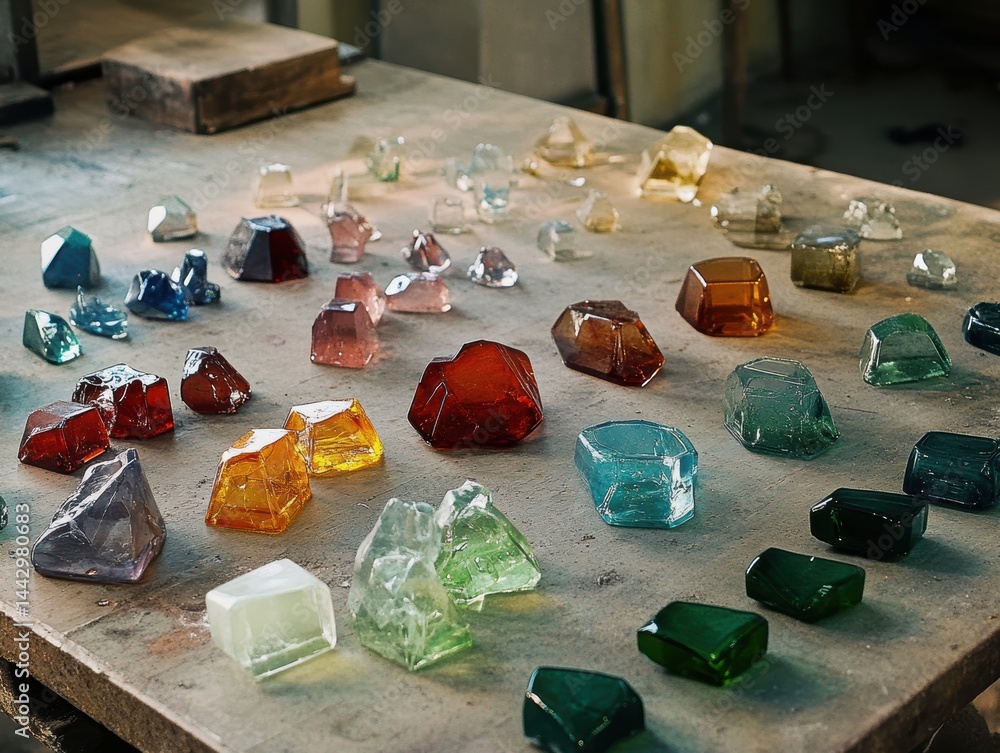 Aufkleber collection of faceted decorative crystal gems of different colors arranged on a workbench creative c