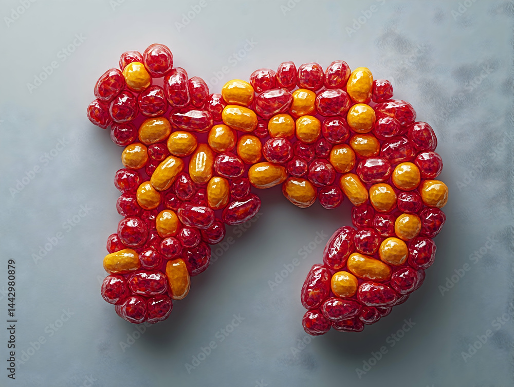 Poster a clustered formation of shiny red and yellow spheres on a gray background forming a horseshoe shape