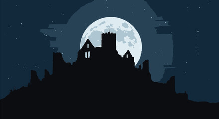 Medieval Castle Ruins Silhouette Full Moon