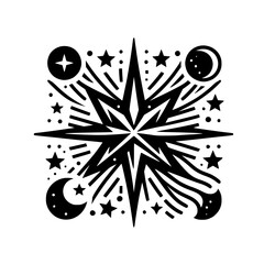 Mystical Geometric Starburst Emblem with Moons and Stars - Black and White Graphic
