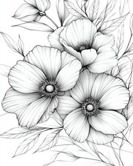Fototapeta premium Intricate black and white illustration of three blossoming flowers with fine details and elegant leaves.