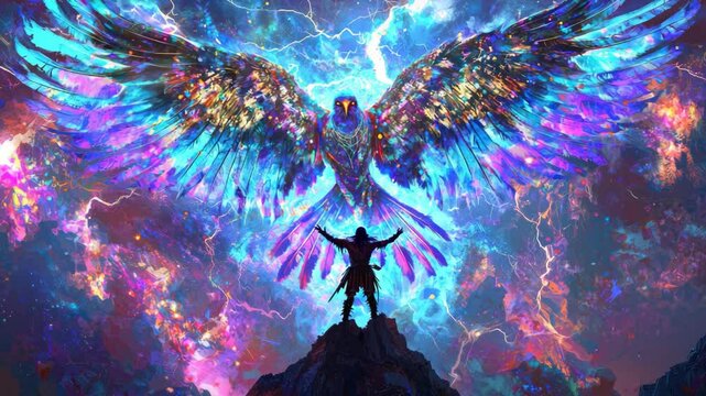 Thunderbird spreads radiant wings in glowing sky of Native American mythology and power video