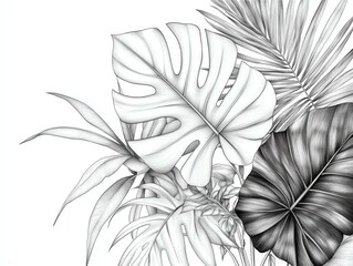 Fototapeta premium A detailed monochrome illustration of various tropical leaves, showcasing intricate designs and natural beauty.