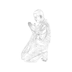 praying monk in line art. Scribble art of praying monk buddha