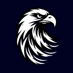 Vector illustration of a stylized eagle head in black and white with sharp, flowing feathers on a dark background, portraying strength, focus, and intensity.