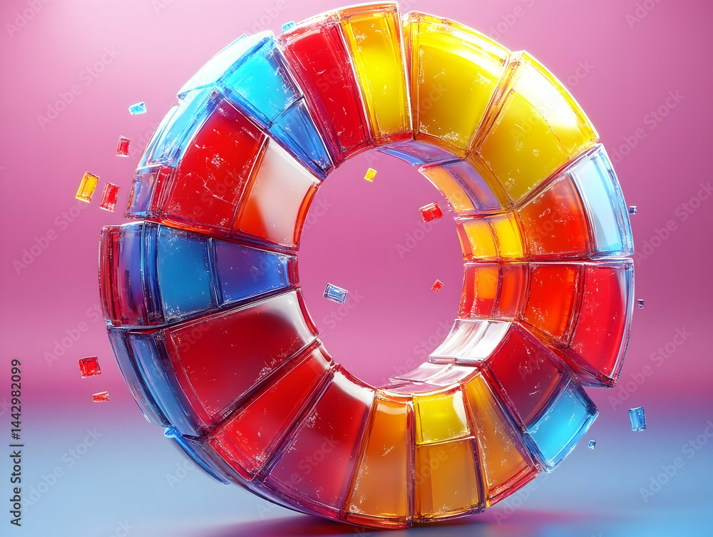 Aufkleber a colorful ring made of translucent blocks on a pink background with a few blocks hovering around it