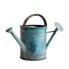 A weathered, teal-colored metal watering can with rustic charm and speckled patination.
