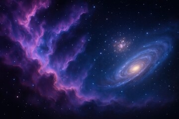 Fototapeta premium Cosmic sky with nebula gas clouds, distant star cluster, and spiral galaxy forms a beautiful night space scene.