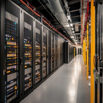 Server room featuring rows of data servers and cables showing data processing capacity and information technology structure