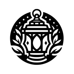 Stylized Lantern Emblem Graphic Icon. Traditional Lamp Illustration in Circular Design for Cultural and Festive Concepts, Black & White.