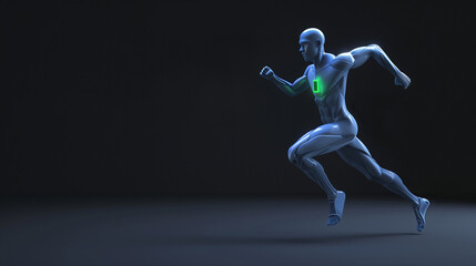 A man in a blue suit is running with his arms outstretched. The suit is illuminated with green lights, giving the impression of a futuristic runner