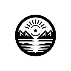 Minimalist Black and White Landscape Icon - Mountains, Water, and Sun in Circle. Graphic Nature Symbol, Calm and Serene.