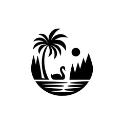 Peaceful Tropical Pond Silhouette Icon with Swan, Palm Tree, Mountains, and Sun
