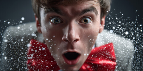 Überraschter Mann mit aufgerissenen Augen und roter Fliege in einem Schneesturm mit Glitzer