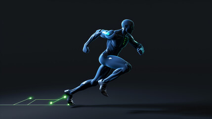 A man in a blue suit is running with his arms outstretched. The suit is illuminated with green lights, giving the impression of a futuristic runner