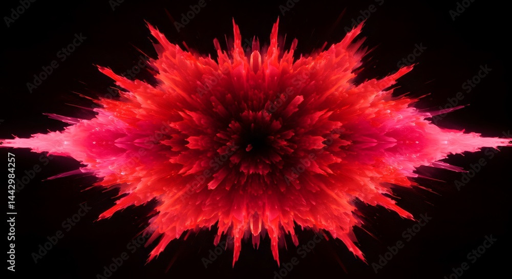 Poster ai image depicts a dramatic, abstract explosion of sharp red and pink crystalline shards radiating o