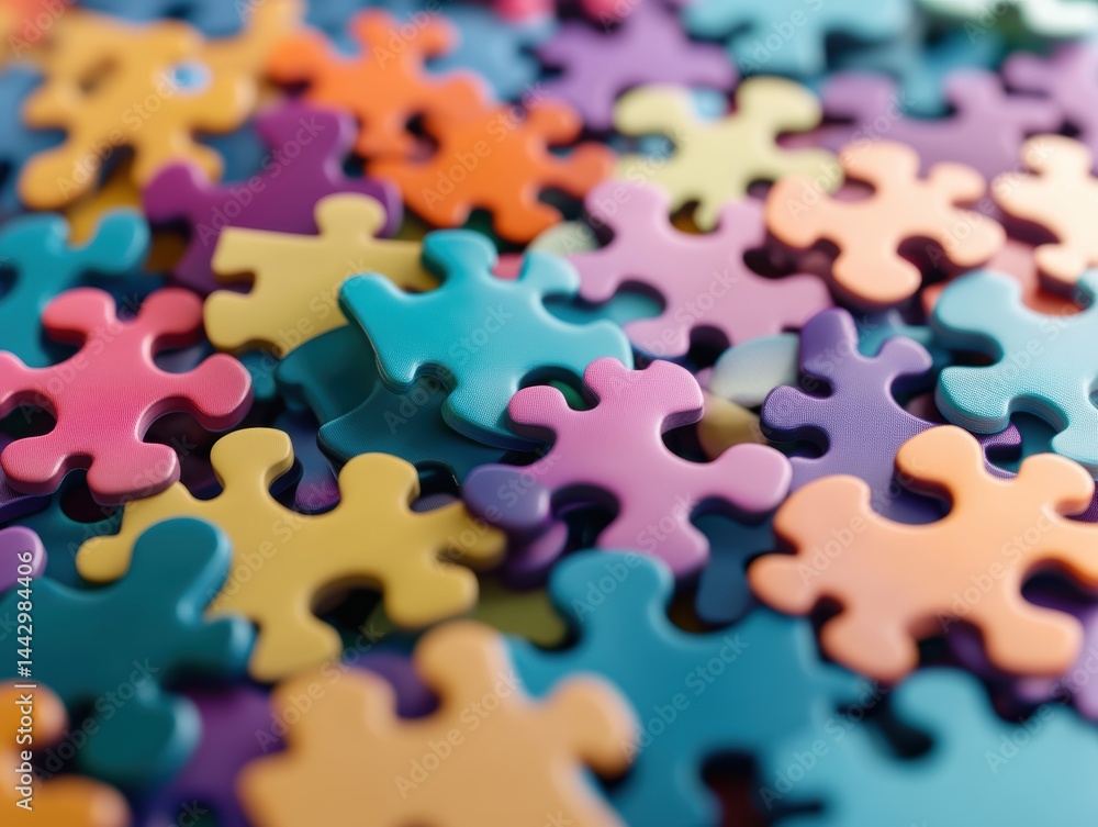 Poster artistic display of puzzle pieces in various colors symbolizing connection complexity and strategy