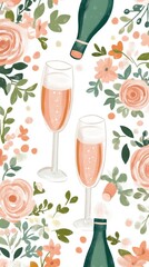 Charming celebration design of peach champagne glasses and green bottles amidst floral elements for festive occasions