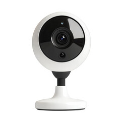 A round, white security camera with a black lens, mounted on a small, white base, designed for indoor or outdoor use.