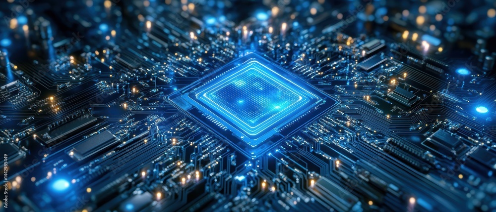 Poster glowing blue computer chip on motherboard technology central processing unit concept design