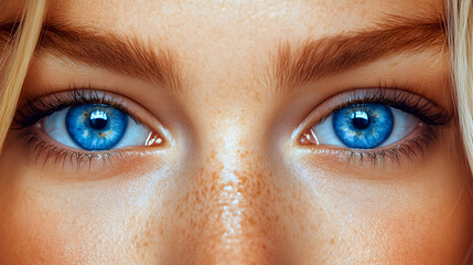 Fototapeta premium Close-up of a woman's vibrant blue eyes and freckled skin, showcasing natural beauty and flawless complexion.