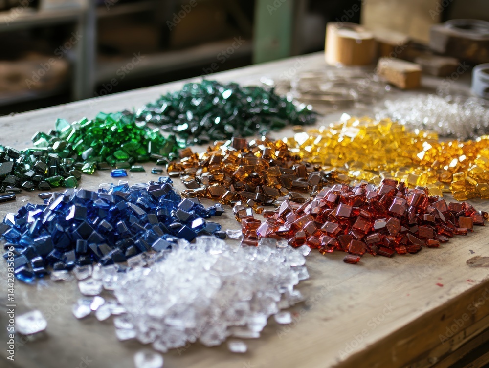 Poster a vibrant array of glass mosaic tiles in jewel tones displayed on a rustic workshop table artistic d