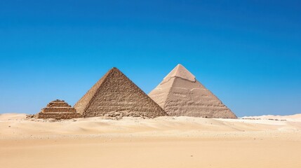Pyramids of Giza under Clear Blue Sky in Desert Landscape