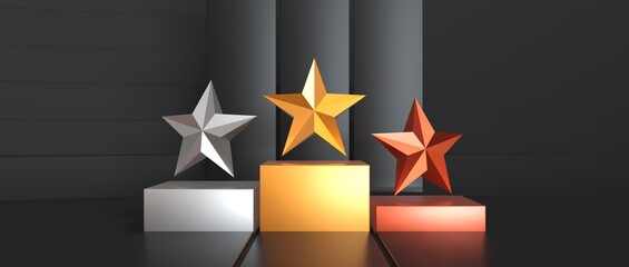 podium avec 3 étoiles en or, argent et bronze - format panoramique - rendu 3D