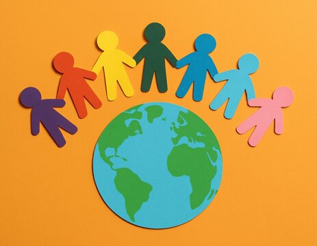 Many colorful cutout paper people over solid background standing on a globe. International day for tolerance. Inclusion, diversity and acceptance concept.