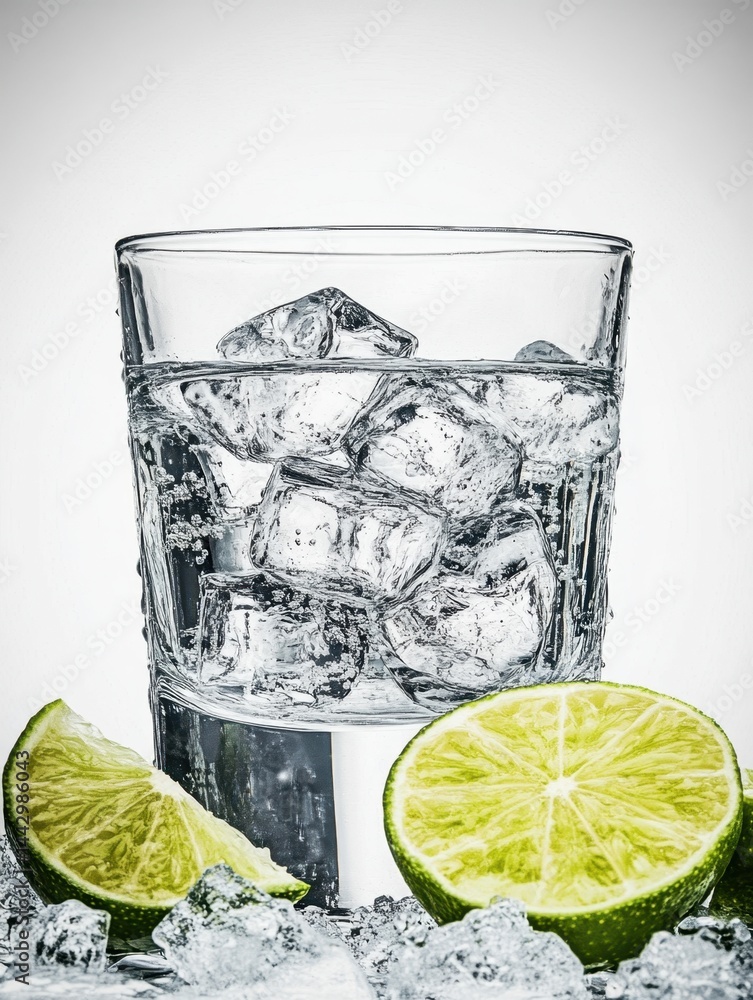 Poster refreshing drink with ice cubes and lime slices on white background conveying a sense of coolness an
