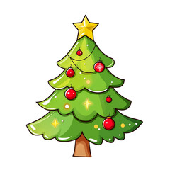 Cute cartoon christmas tree with star isolated on transparent background. Sticker, christmas tree decorated with red balls