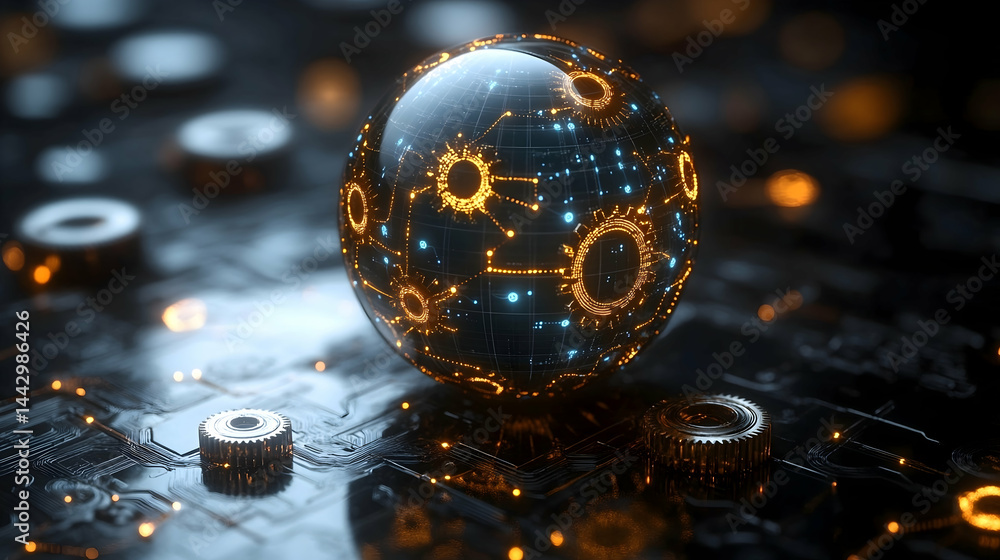 Poster a digital sphere with glowing circuits rests on a metallic surface with gears in a dark environment