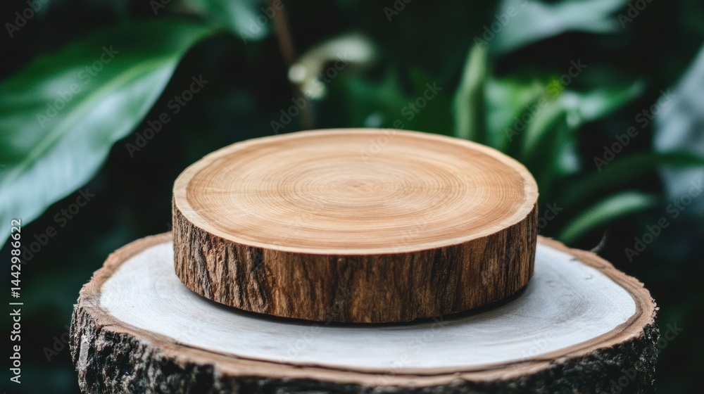 Poster elegant wood slice product display against a blurred forest background displaying natural texture