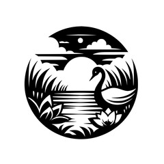 Tranquil Swan Lake Scene Silhouette Illustration in Circular Frame - Black and White Nature Graphic