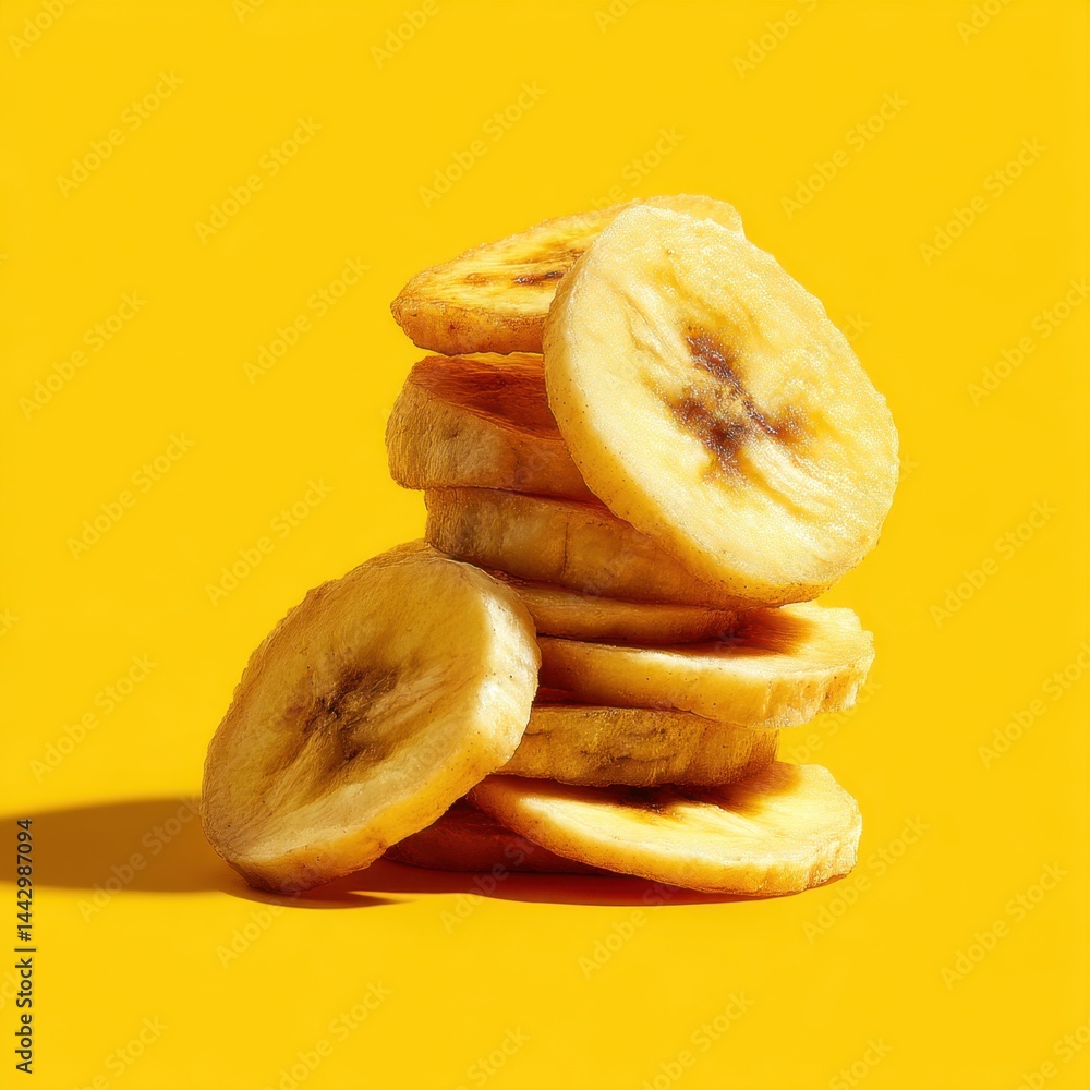 Poster stack of crispy banana chips on bright yellow backdrop creating a vibrant and inviting scene perfect