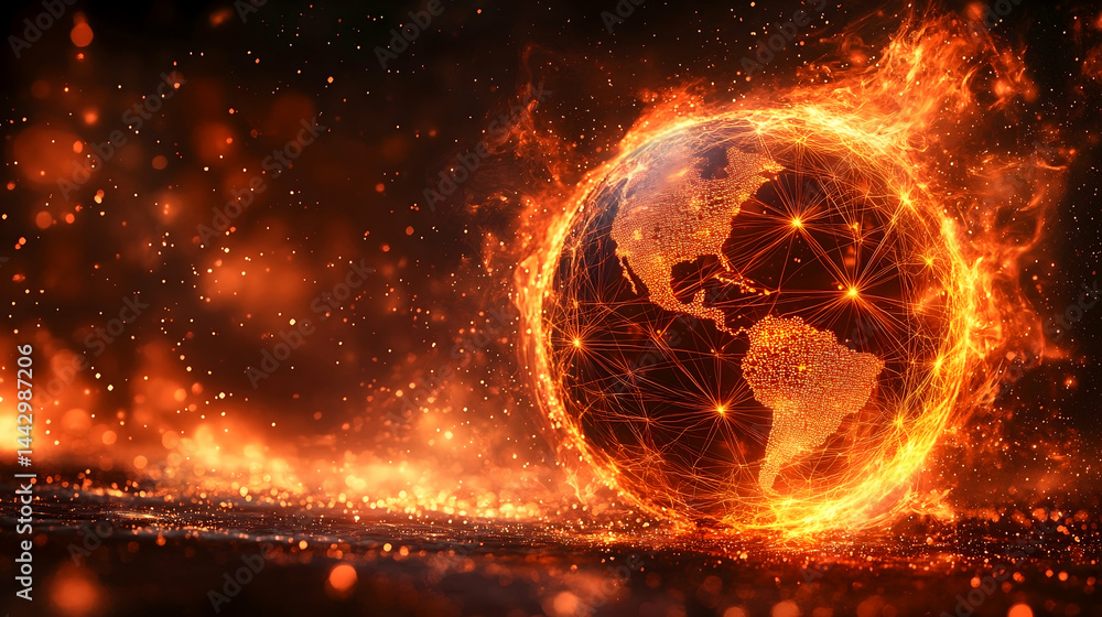 Aufkleber a fiery earth globe glows with networks amidst a backdrop of sparking blazing light and particles